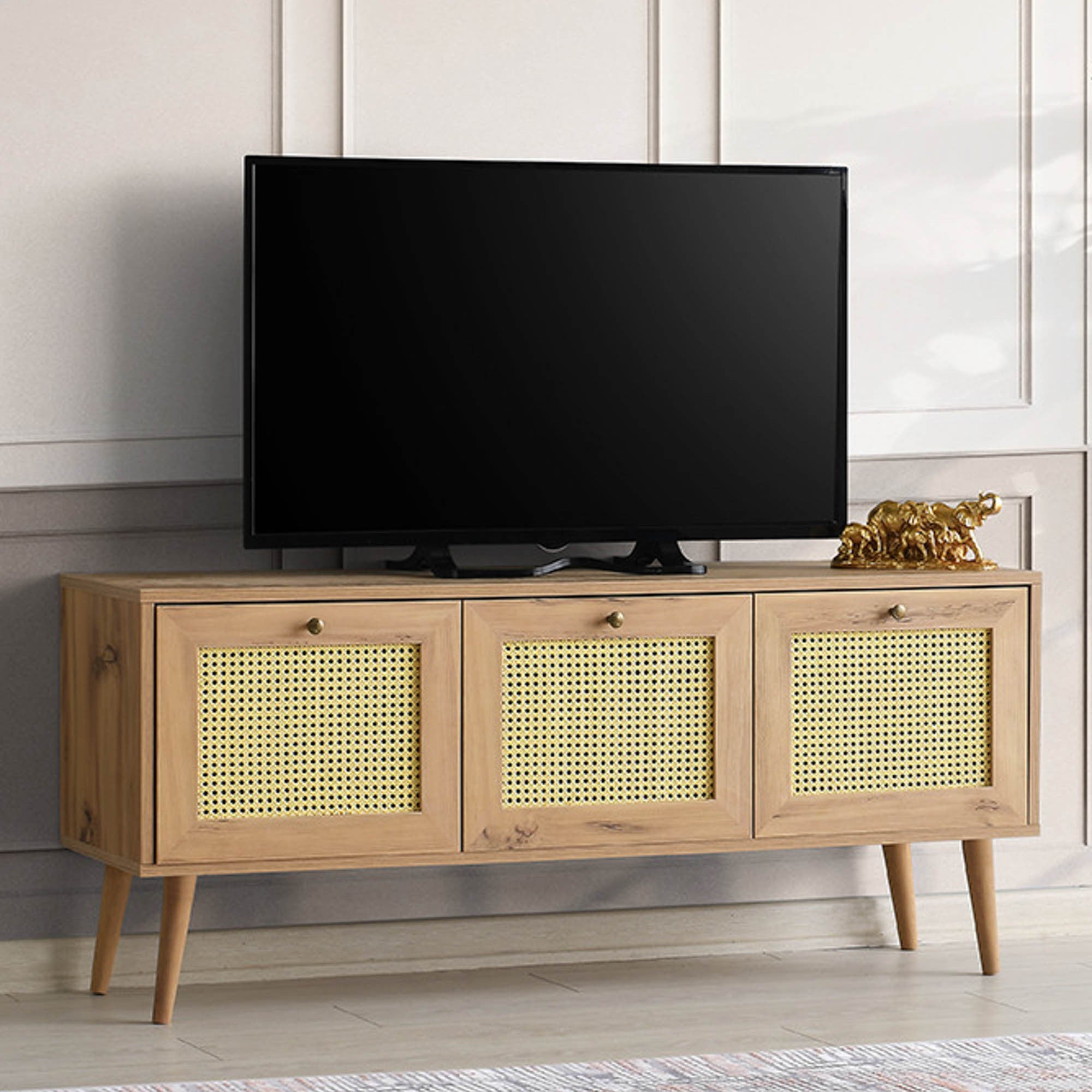 Meuble TV à cannage 3 portes Aréa L140 cm Panneau Mélaminé Bois Chêne