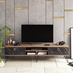 Meuble TV Ancon L180cm Bois foncé et Noir effet marbre