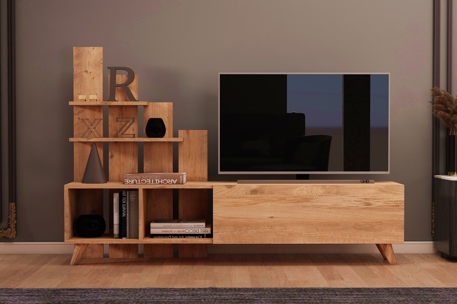 Meuble Tv avec étagère Aphista L160xH115cm Bois clair