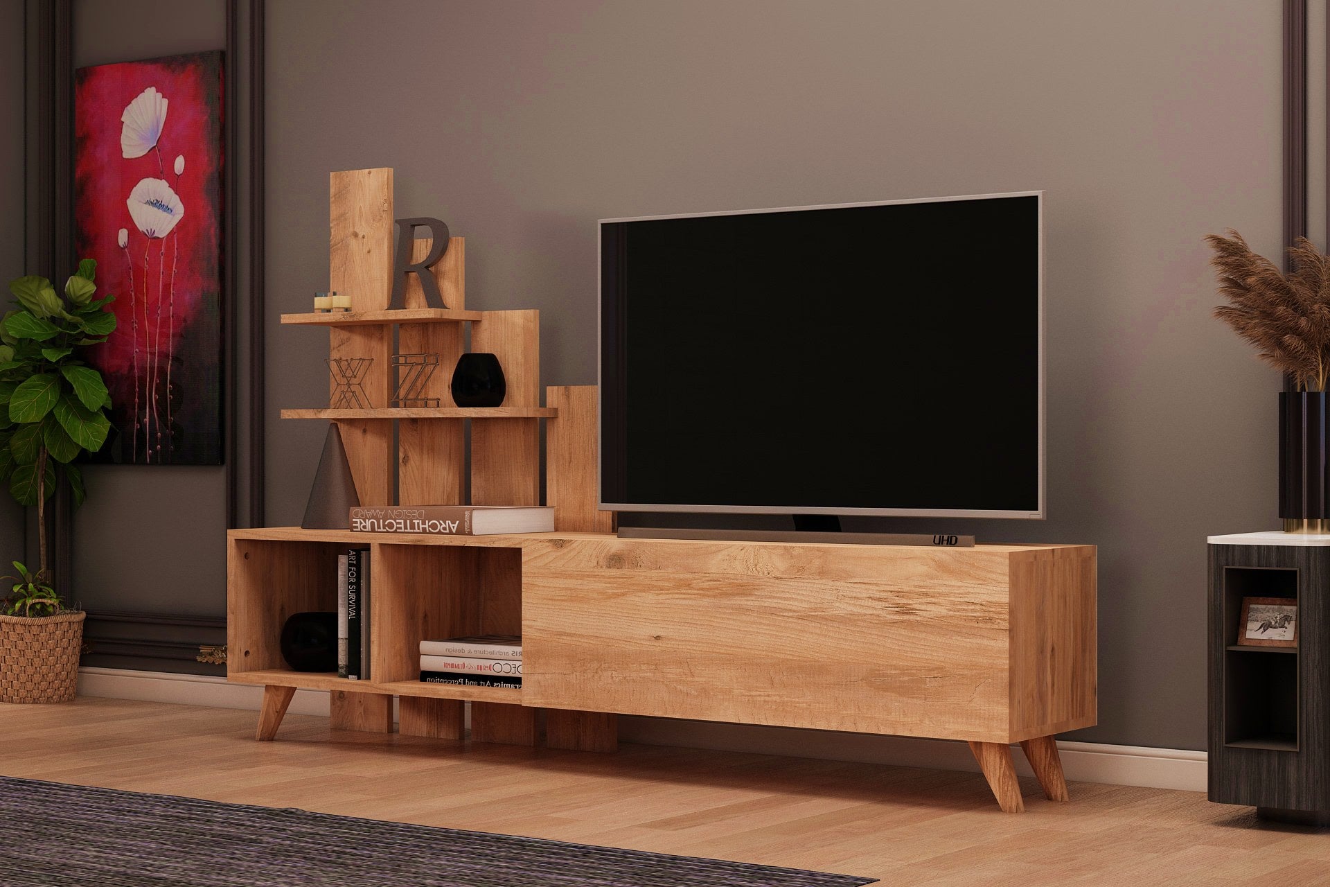 Meuble Tv avec étagère Aphista L160xH115cm Bois clair