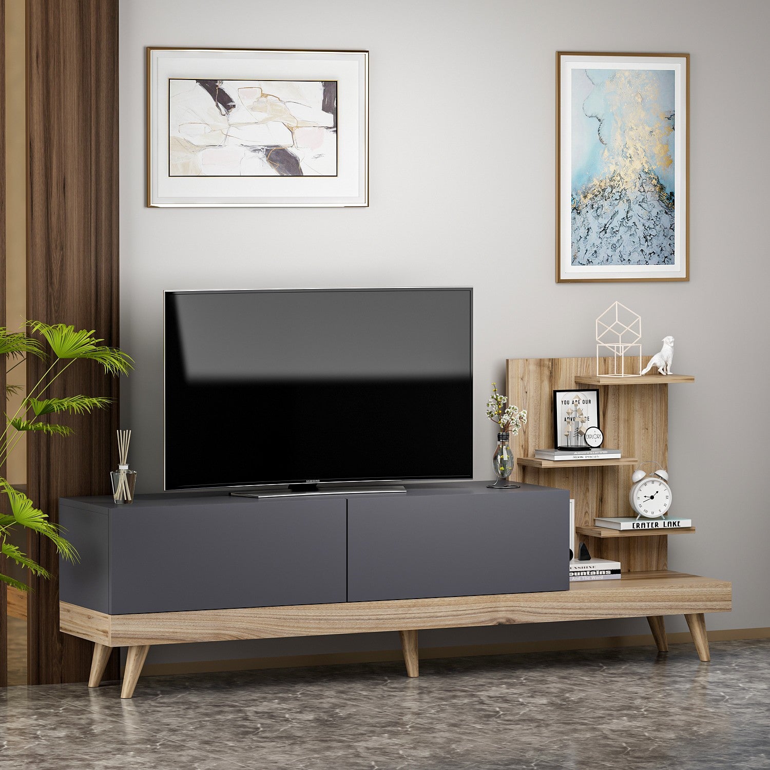 Meuble TV avec étagère Jed 180cm Bois et Anthracite