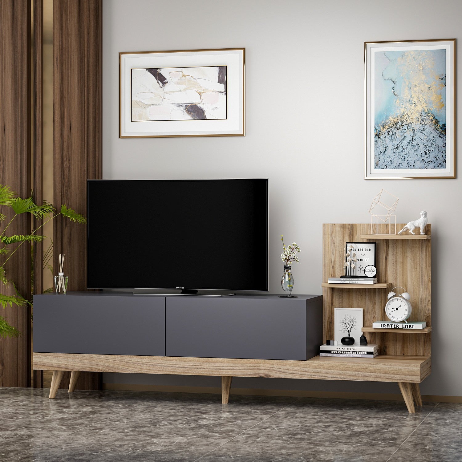 Meuble TV avec étagère Jed 180cm Bois et Anthracite