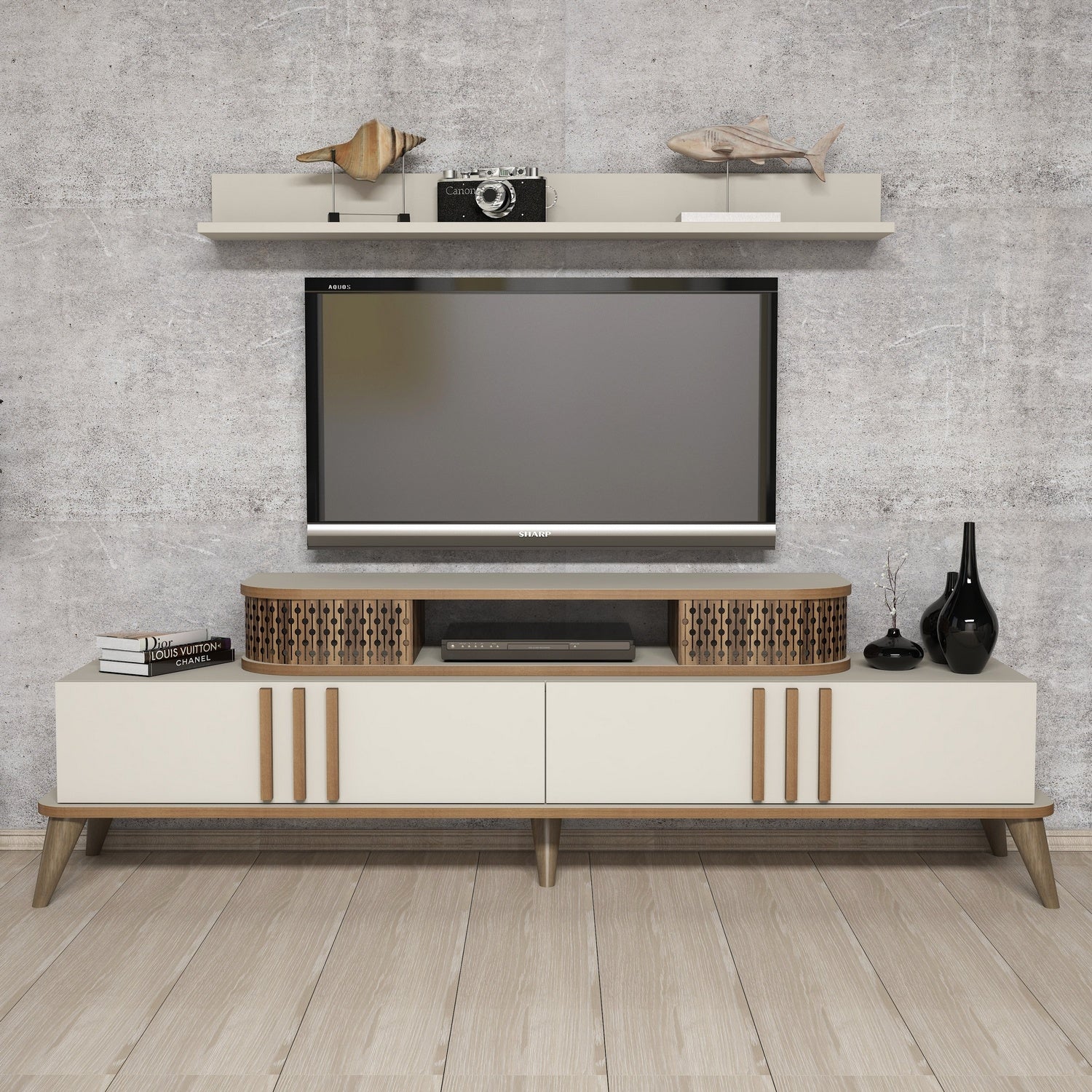 Meuble TV avec étagère murale Chanez Blanc crème et Bois foncé