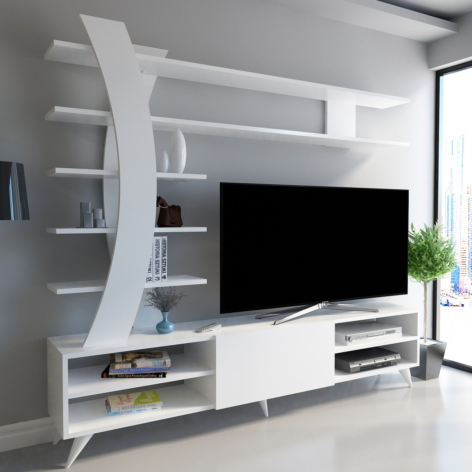 Meuble TV avec étagère Ziouel 180cm Blanc