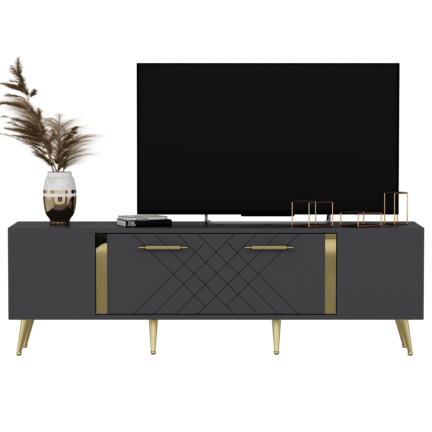 Meuble TV Bourgogne 150cm Anthracite et Or