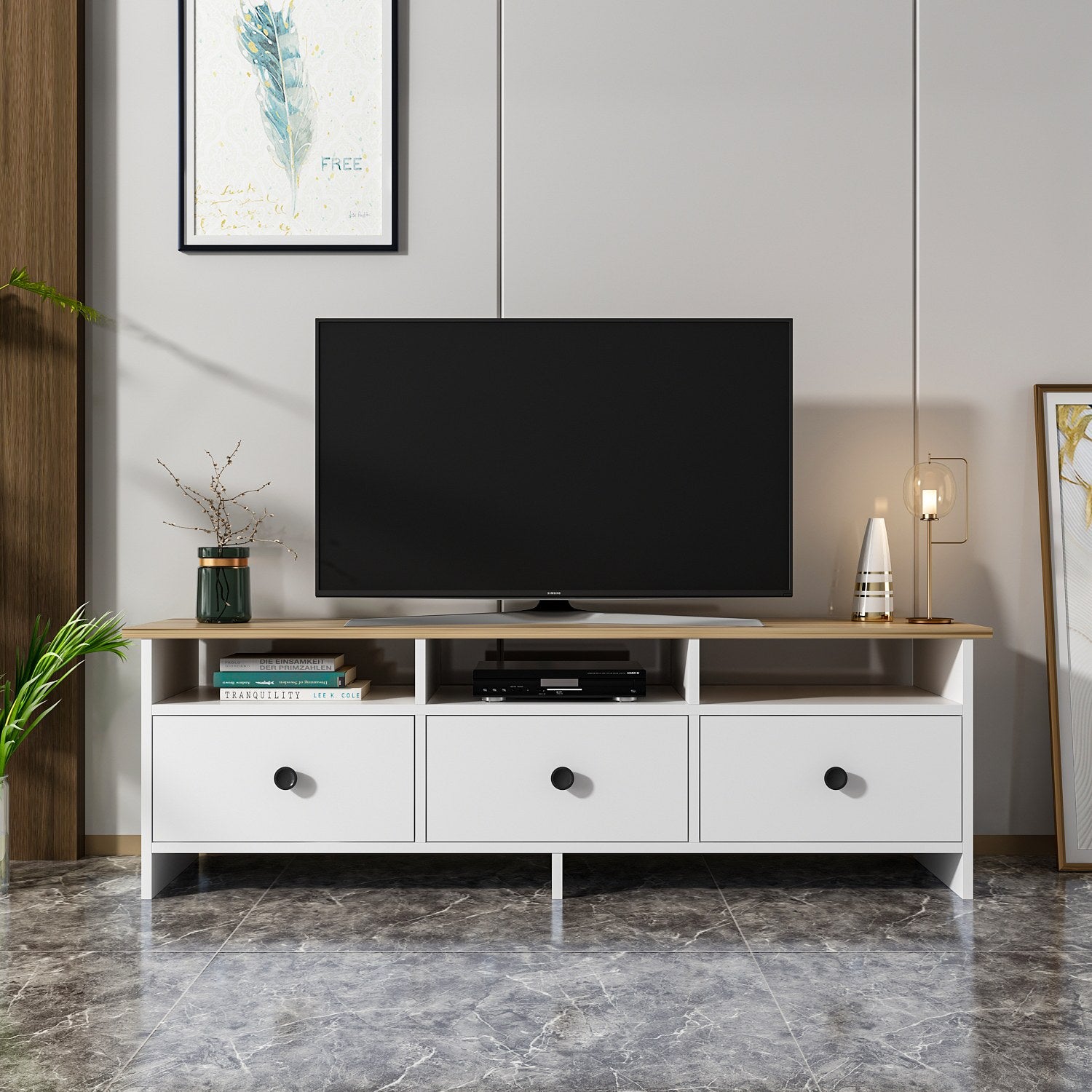 Meuble TV classique Yildun 150cm Blanc et Bois clair