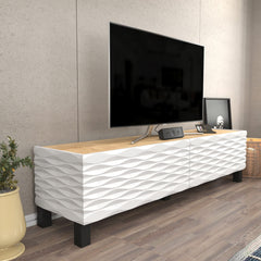 Meuble TV design 2 portes basculantes Vanoise 149cm Blanc et Chêne clair