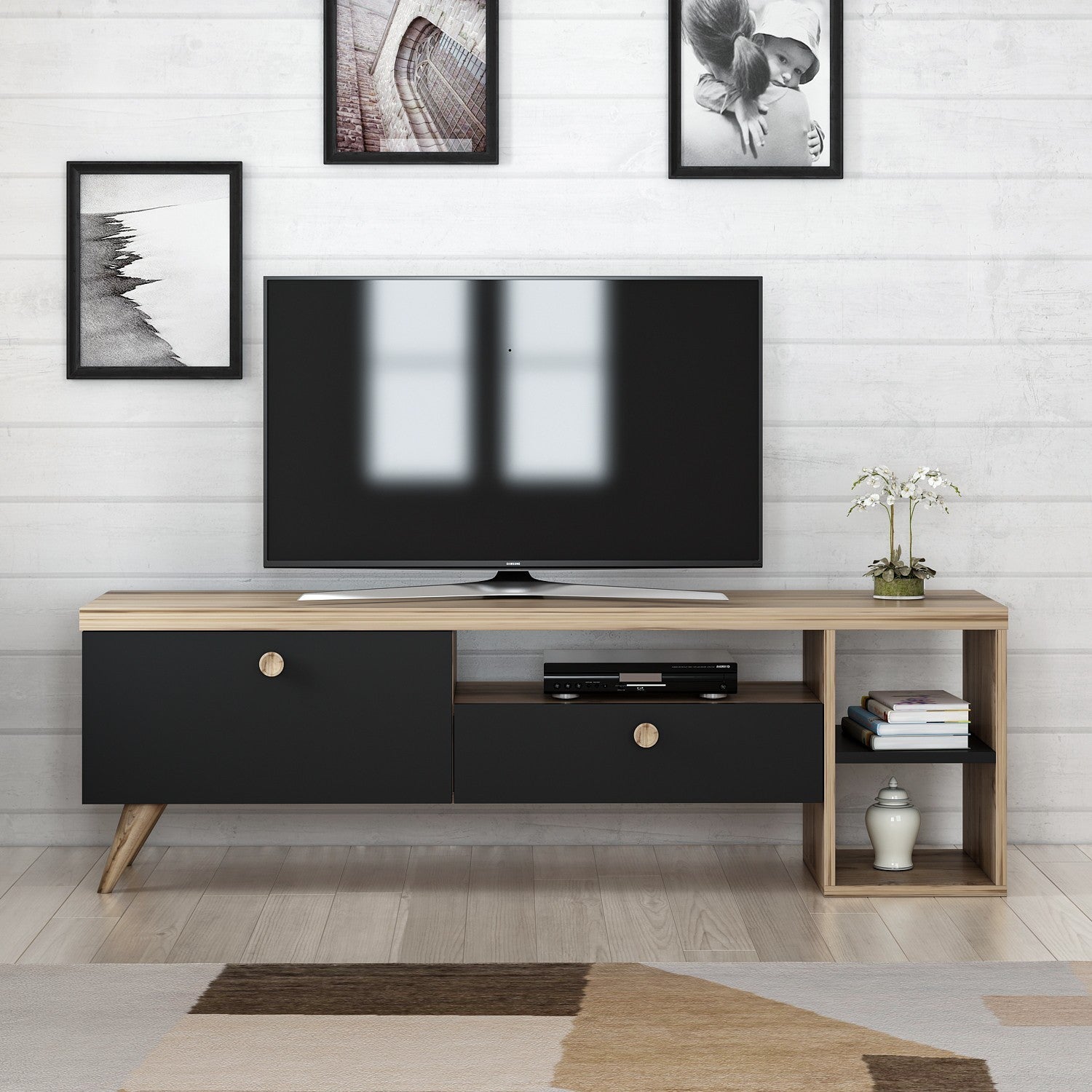 Meuble TV design Abidas L150cm Chêne clair et Noir