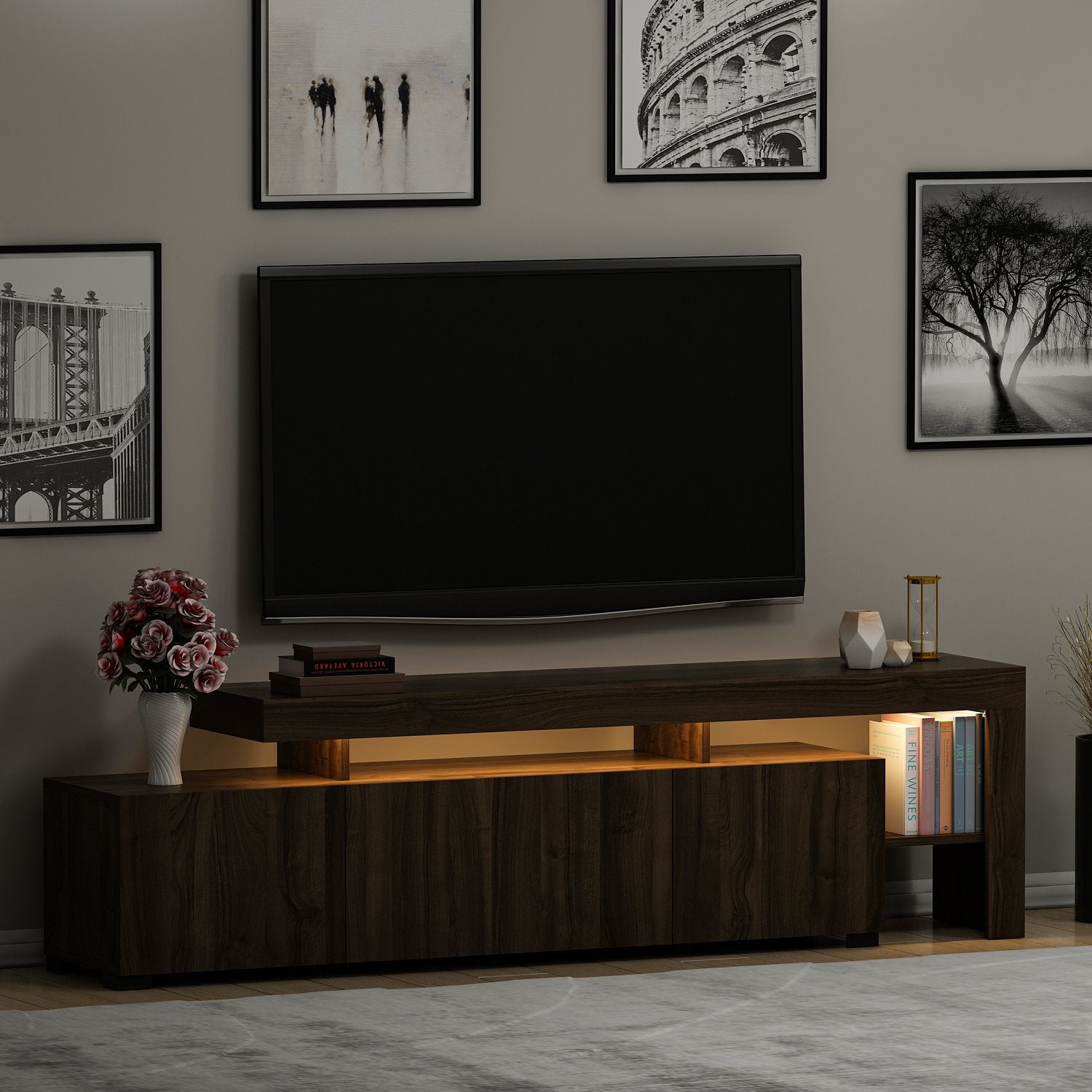 Meuble Tv design avec LED Jasir 192cm Bois foncé