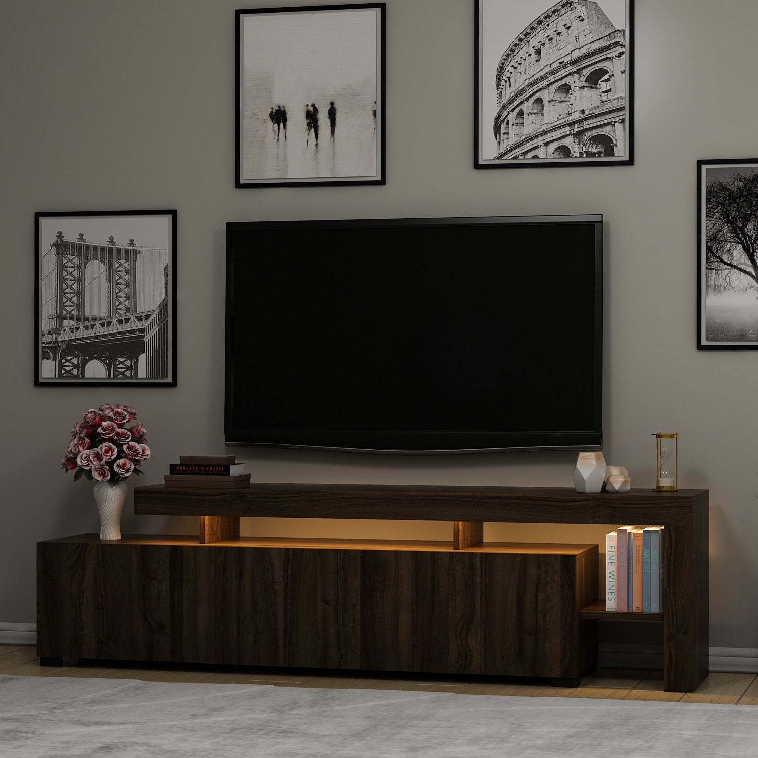 Meuble Tv design avec LED Jasir 192cm Bois foncé