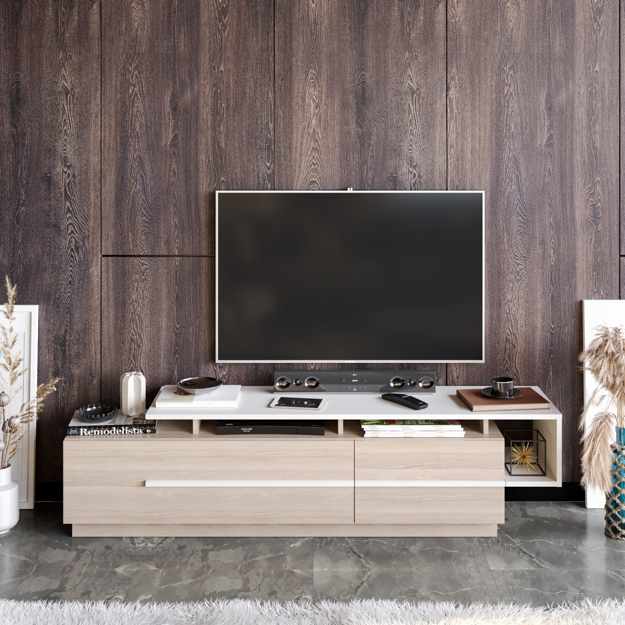 Meuble TV design bicolore 180cm Sissoko Chêne clair et Blanc