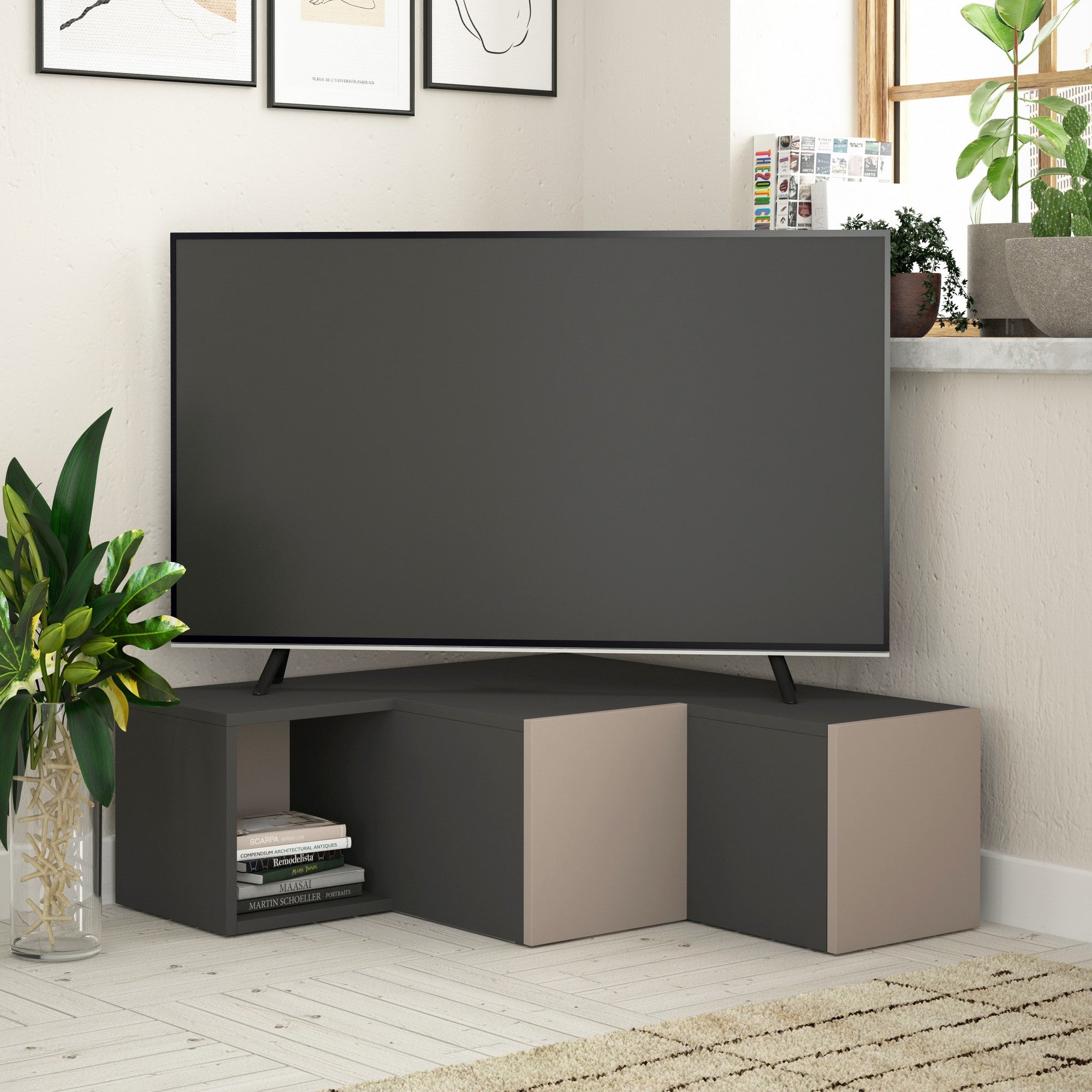 Meuble TV design cubique 2 tiroirs Stairz Gris foncé et Taupe