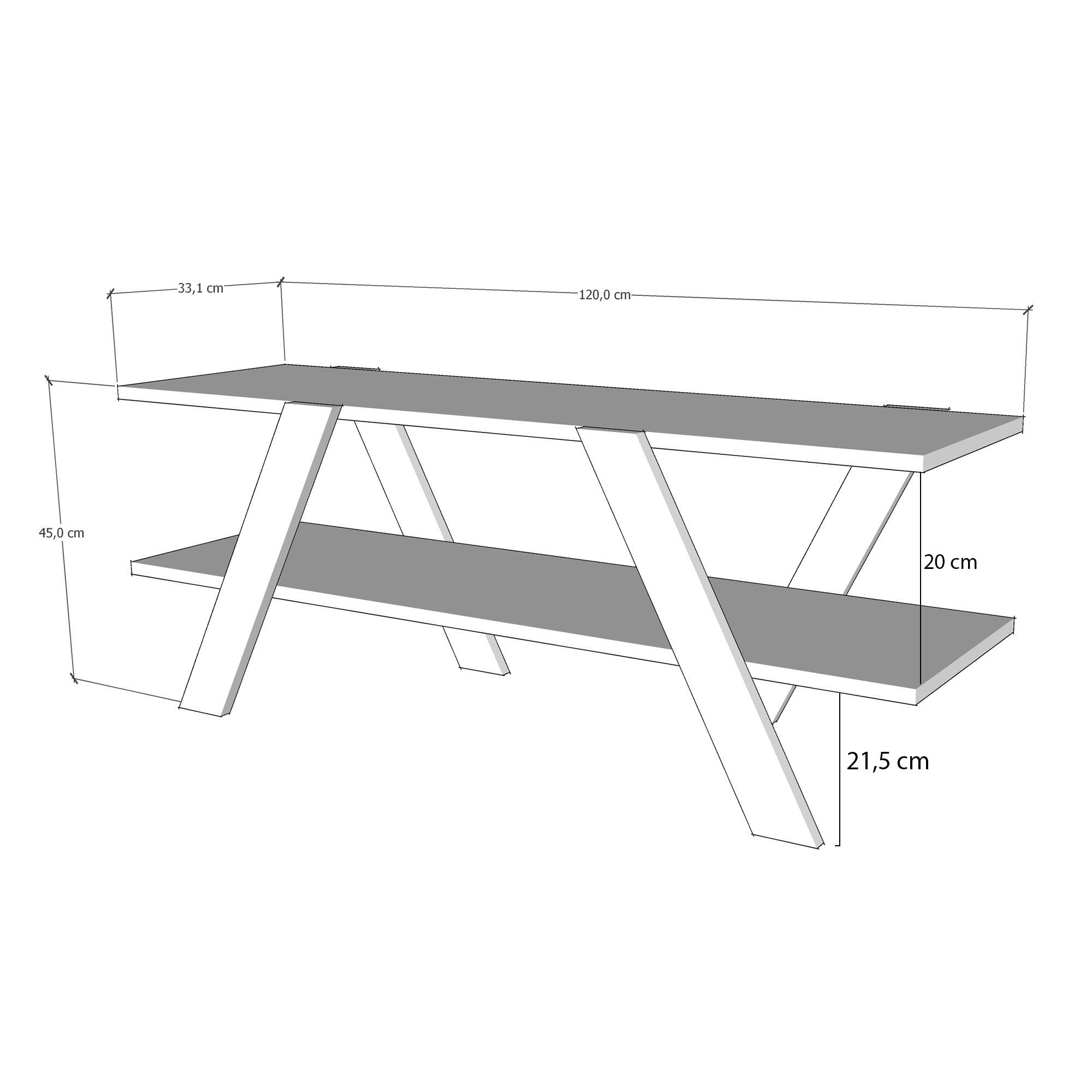 Meuble TV design en X 2 étagères Farandol 120cm Gris