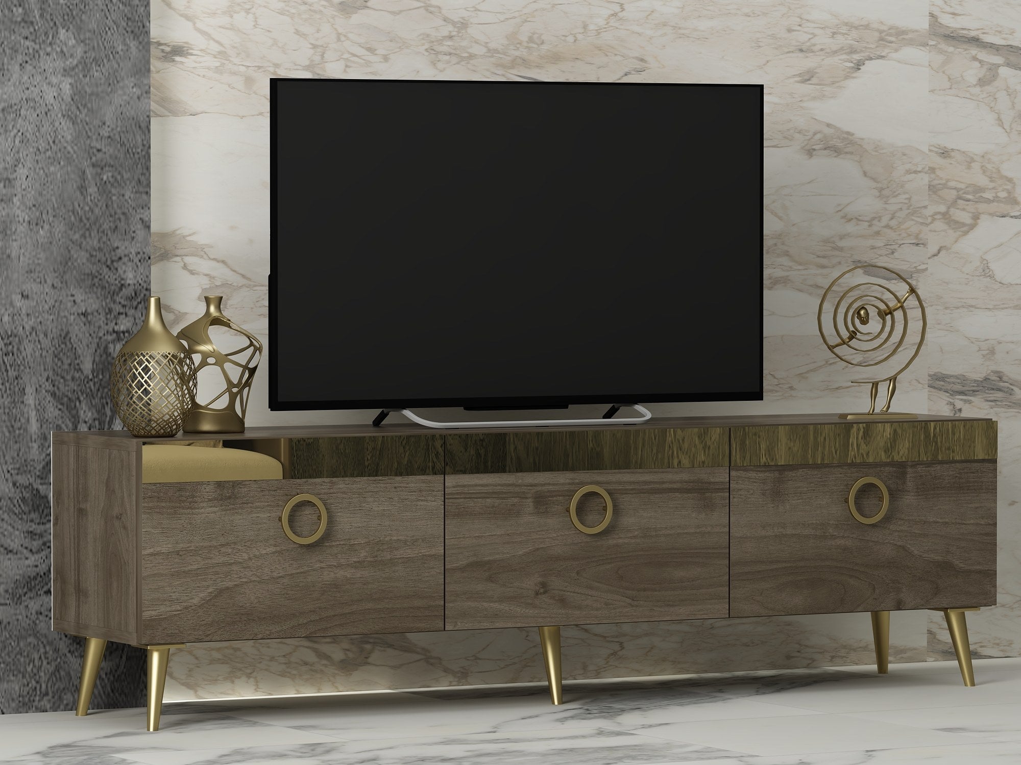 Meuble TV design Gacrux 150cm Bois foncé et Or