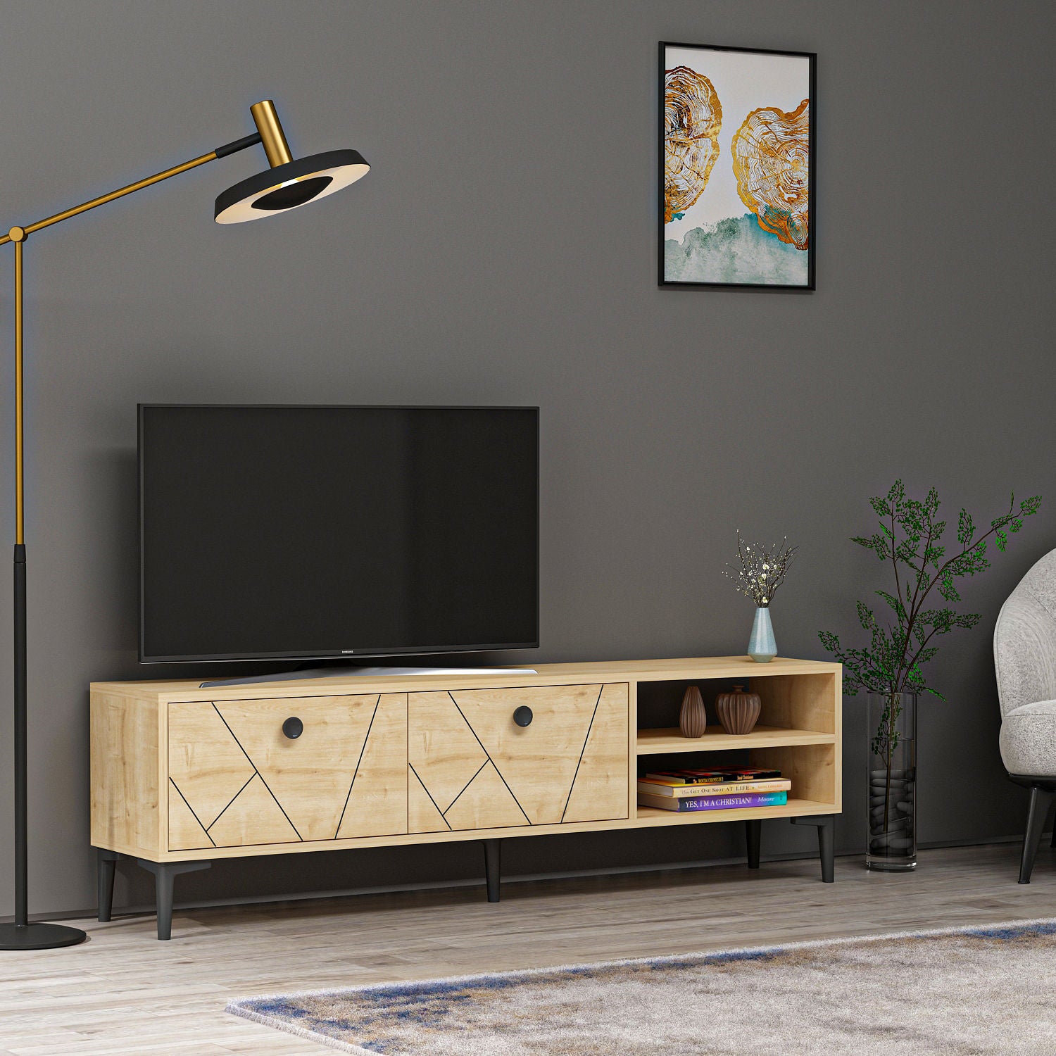 Meuble TV design géométrique moderne 150cm Paron Chêne clair