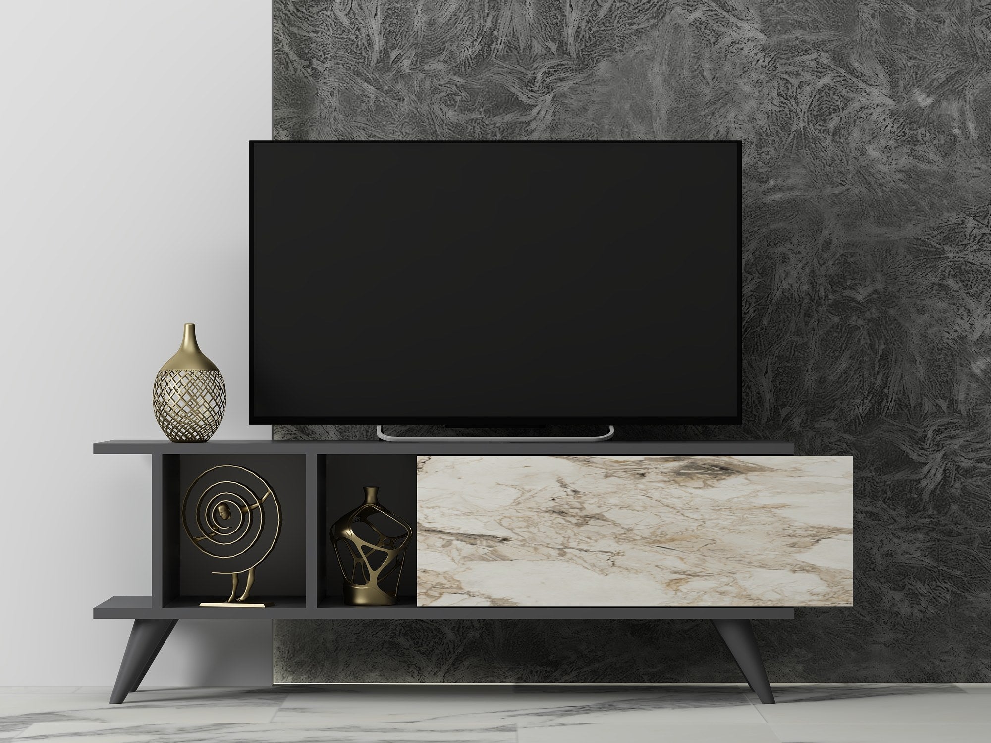 Meuble TV design Mira 120cm Anthracite et Effet marbre Blanc