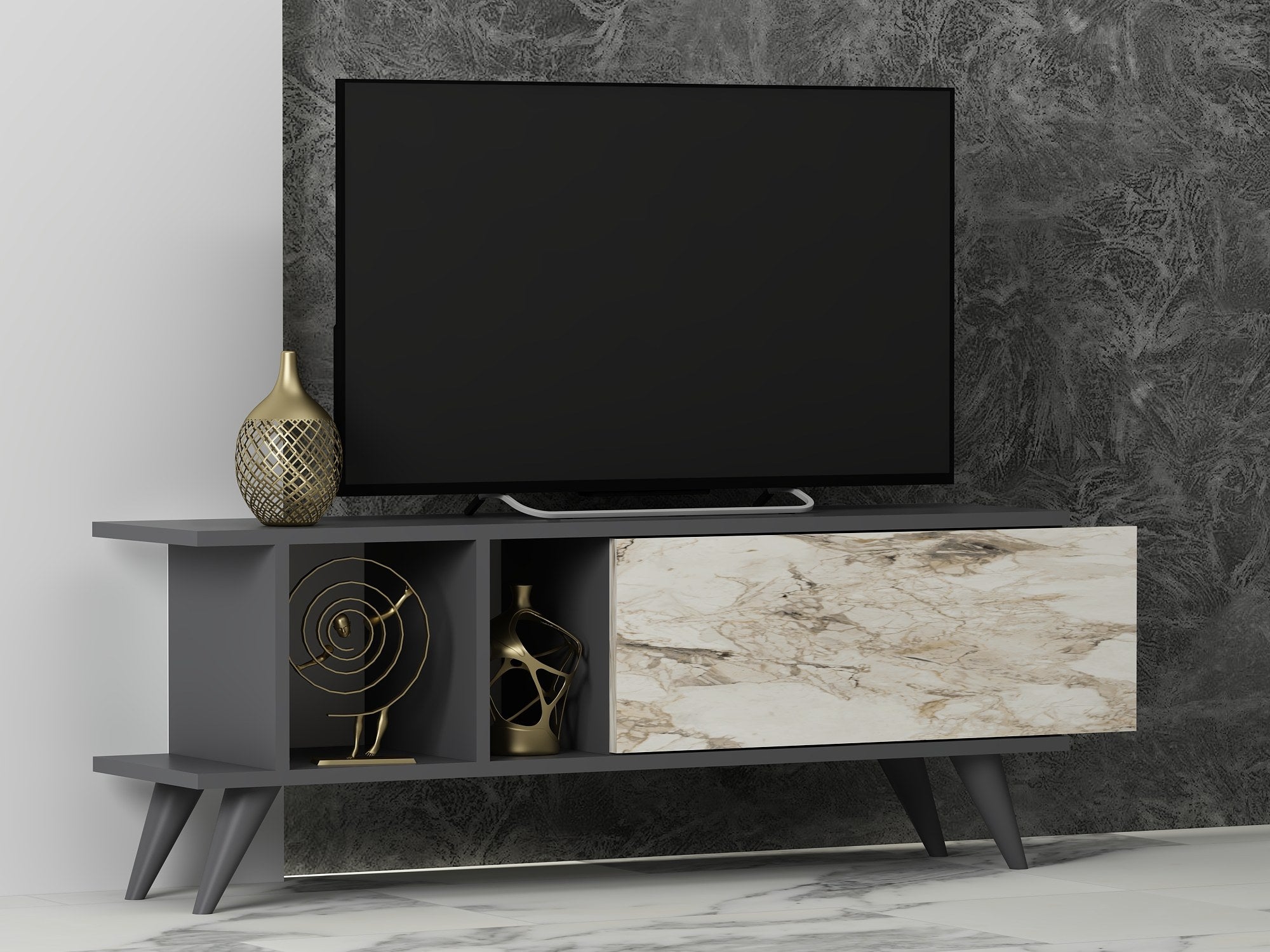 Meuble TV design Mira 120cm Anthracite et Effet marbre Blanc