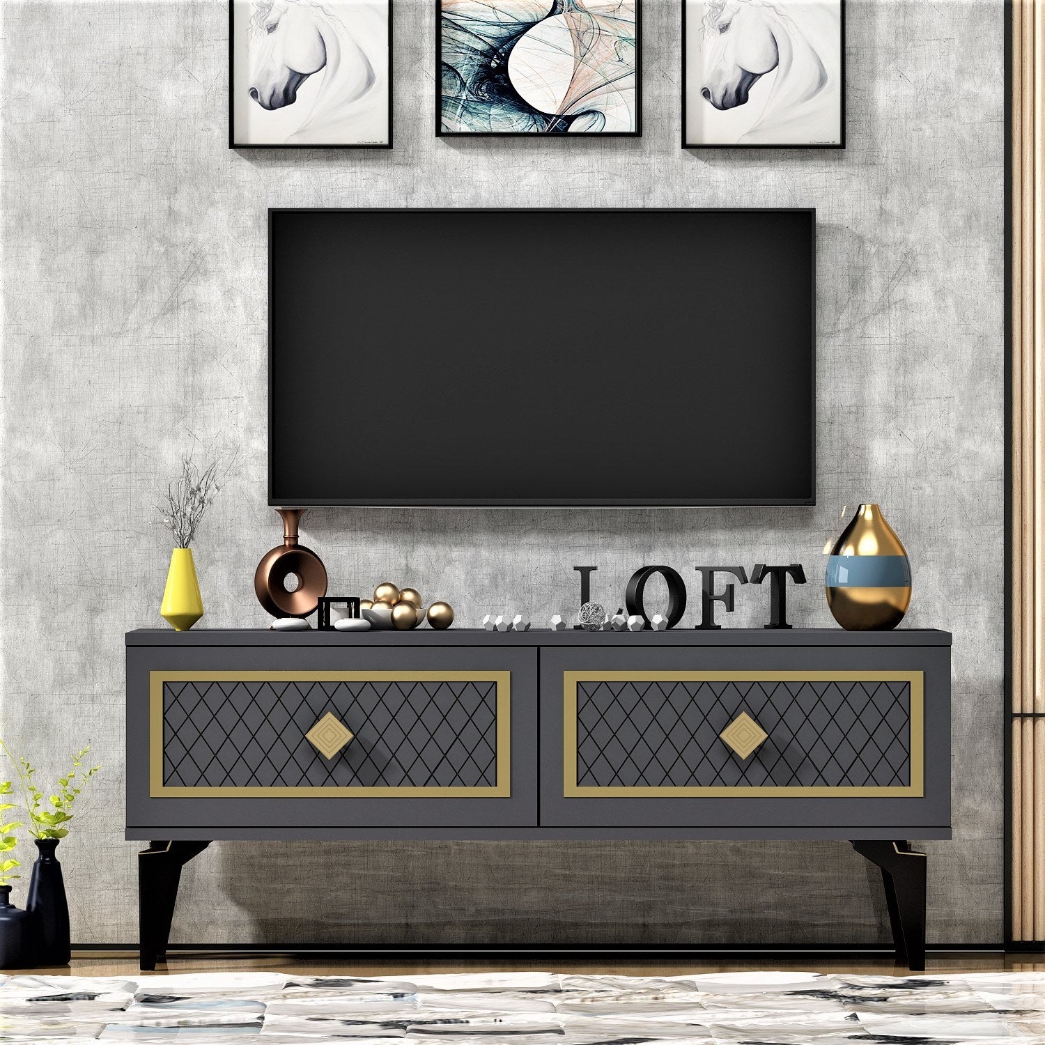 Meuble TV design Miri L120cm Anthracite et Motif Losanges Or