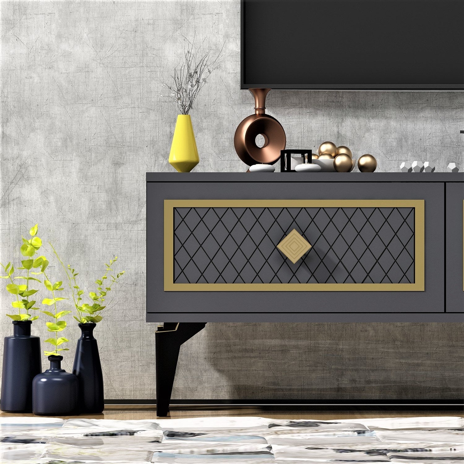 Meuble TV design Miri L120cm Anthracite et Motif Losanges Or