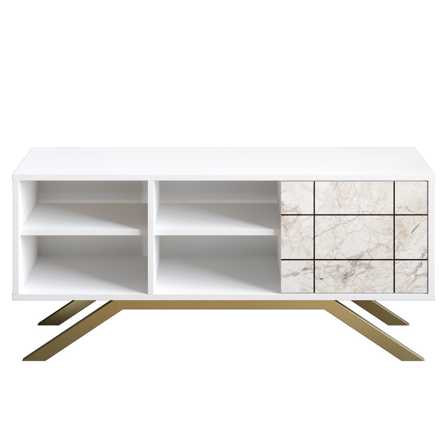 Meuble TV design Saxum 130cm Métal Or et Bois effet marbre et Blanc