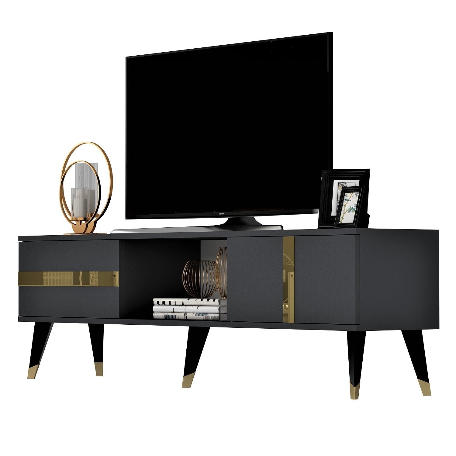 Meuble TV design Vanda L150cm Anthracite et Bond Or