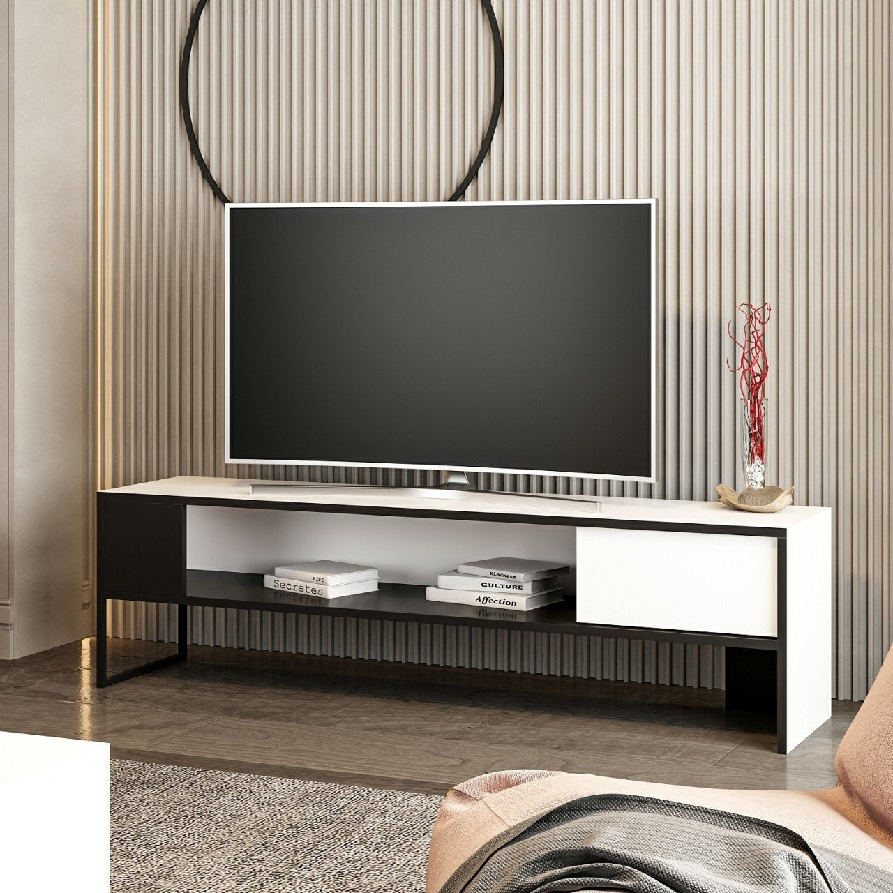 Meuble TV design Zlatni Métal Noir et Bois Noir et Blanc