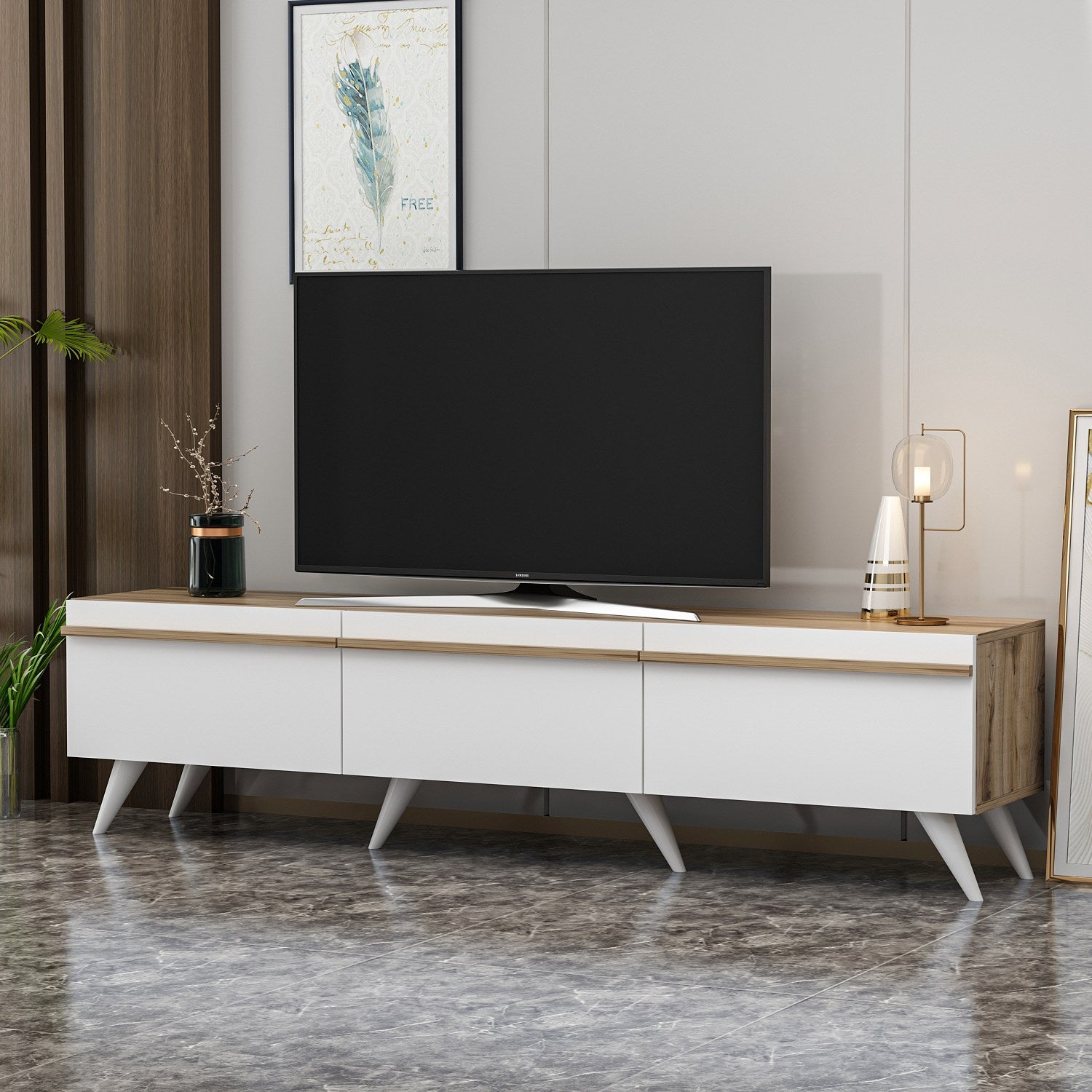 Meuble TV Druyes L180cm Blanc et Chêne clair