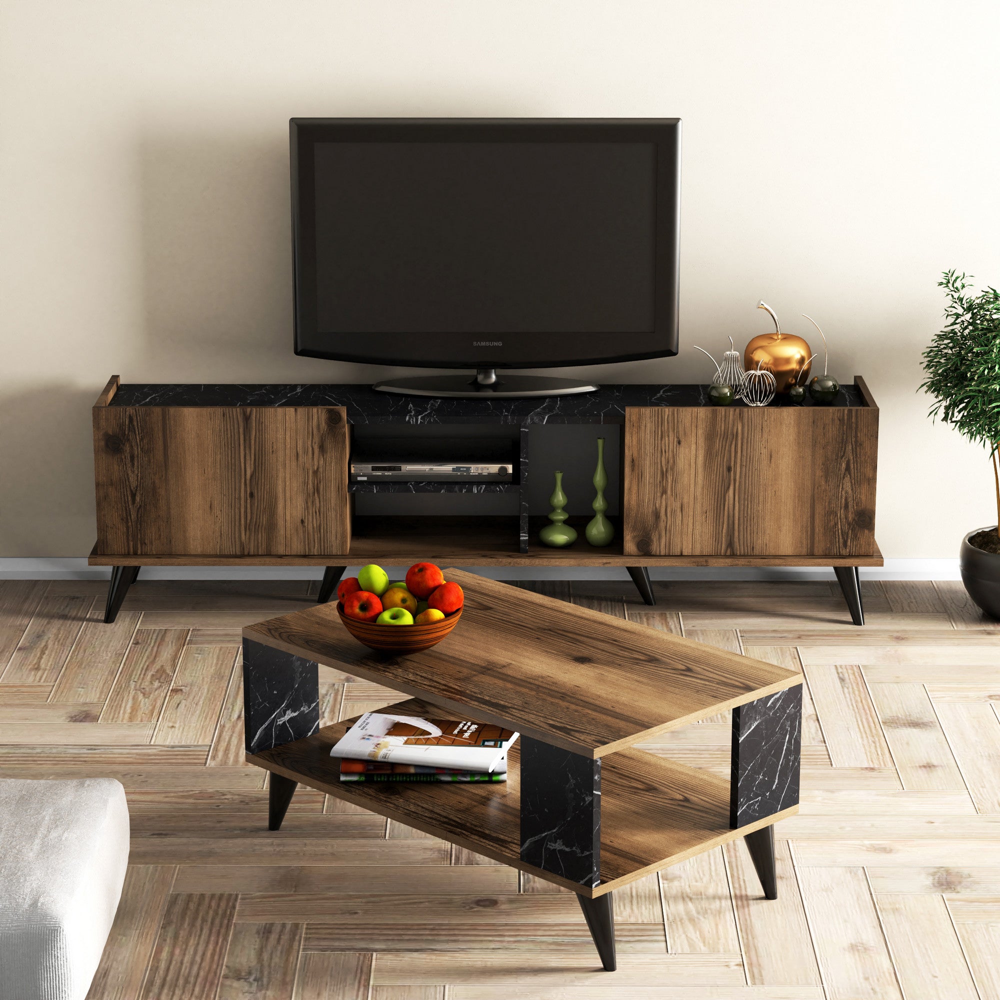 Meuble TV et table basse Hovela Bois Naturel et Effet Marbre Noir