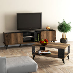 Meuble TV et table basse Hovela Bois Naturel et Effet Marbre Noir