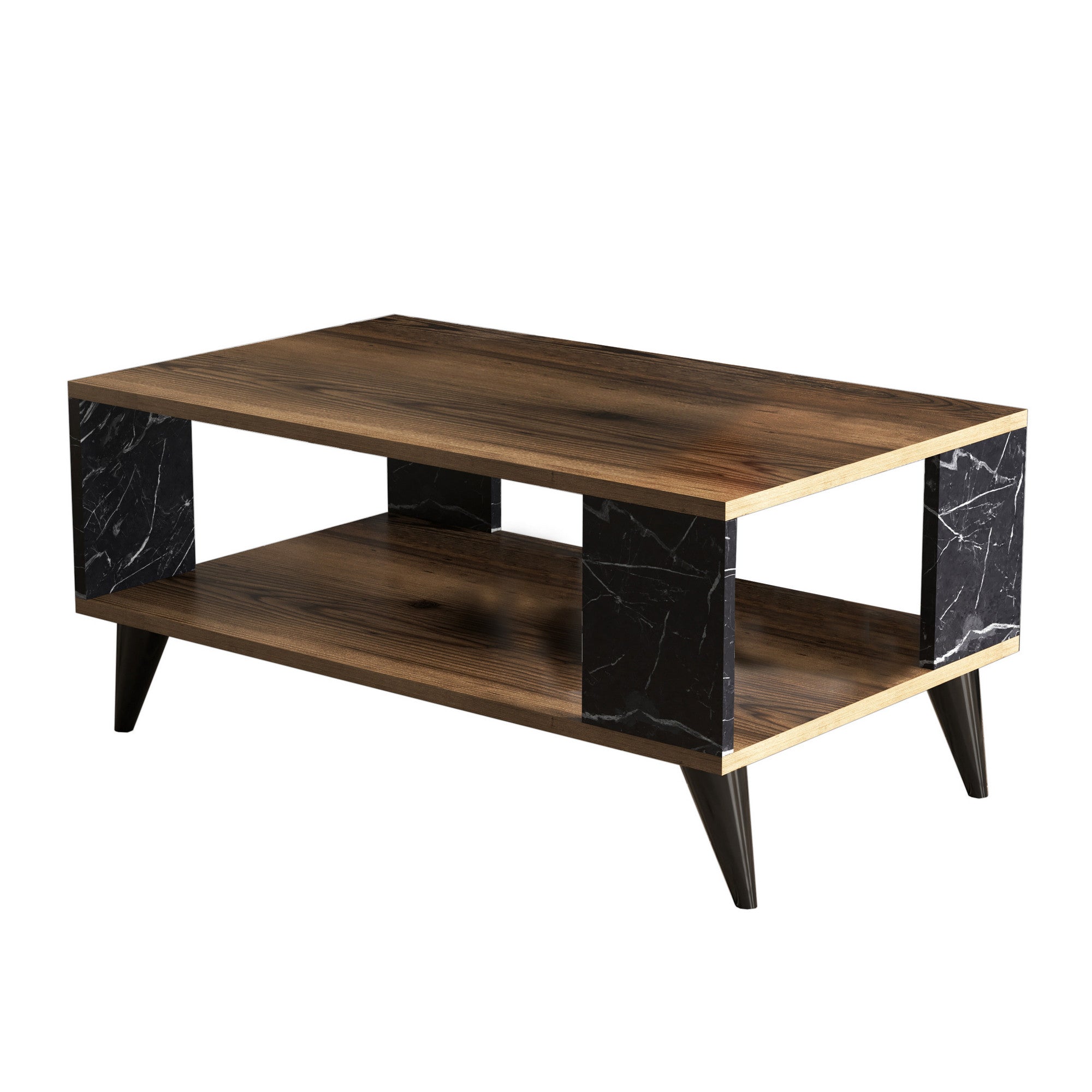 Meuble TV et table basse Hovela Bois Naturel et Effet Marbre Noir