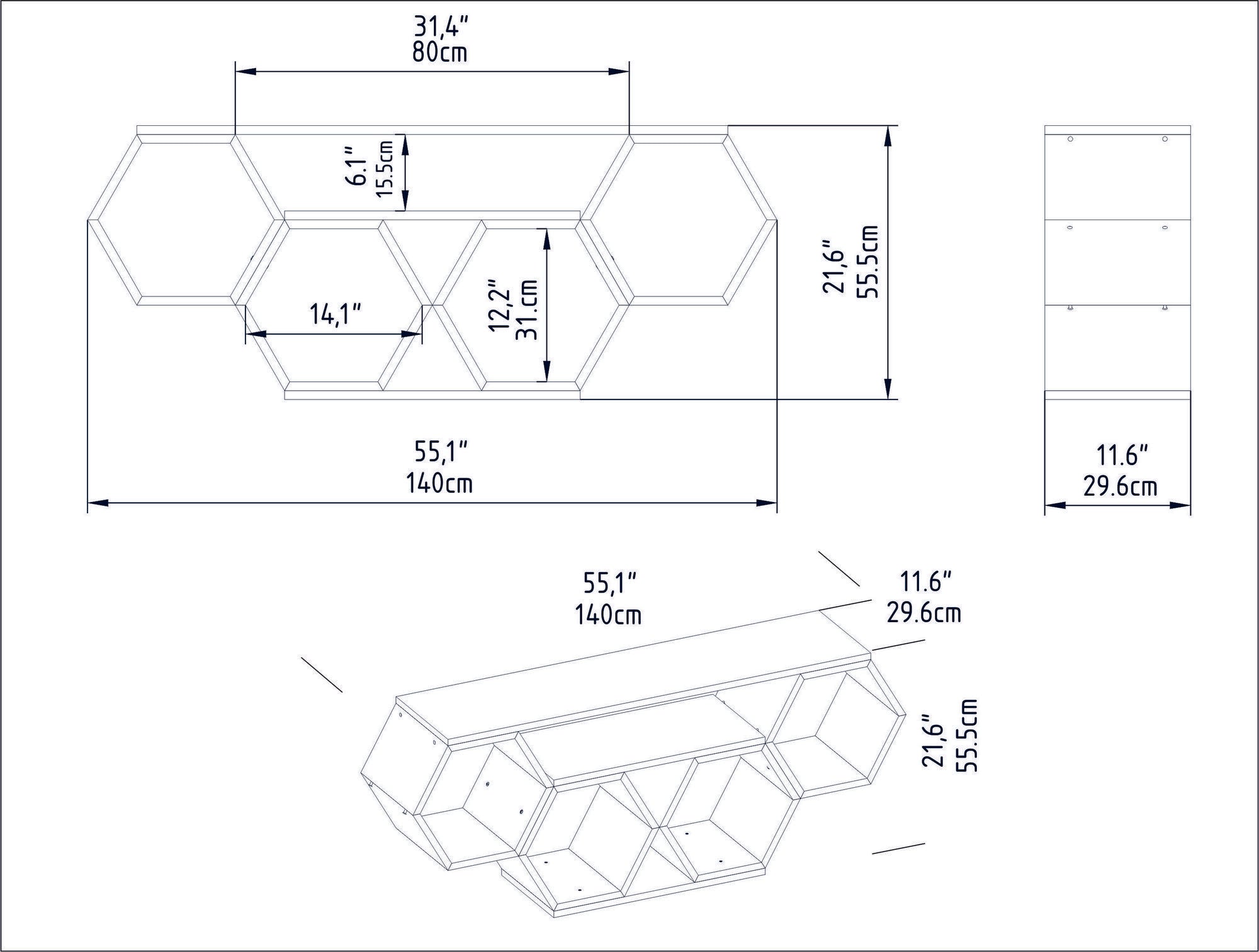 Meuble TV forme nid d'abeille Willy 140cm Bois Chêne clair et Blanc