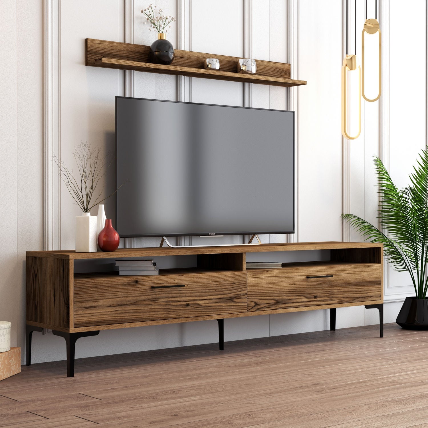 Meuble TV moderne 180cm avec table basse et étagère Varnus Bois