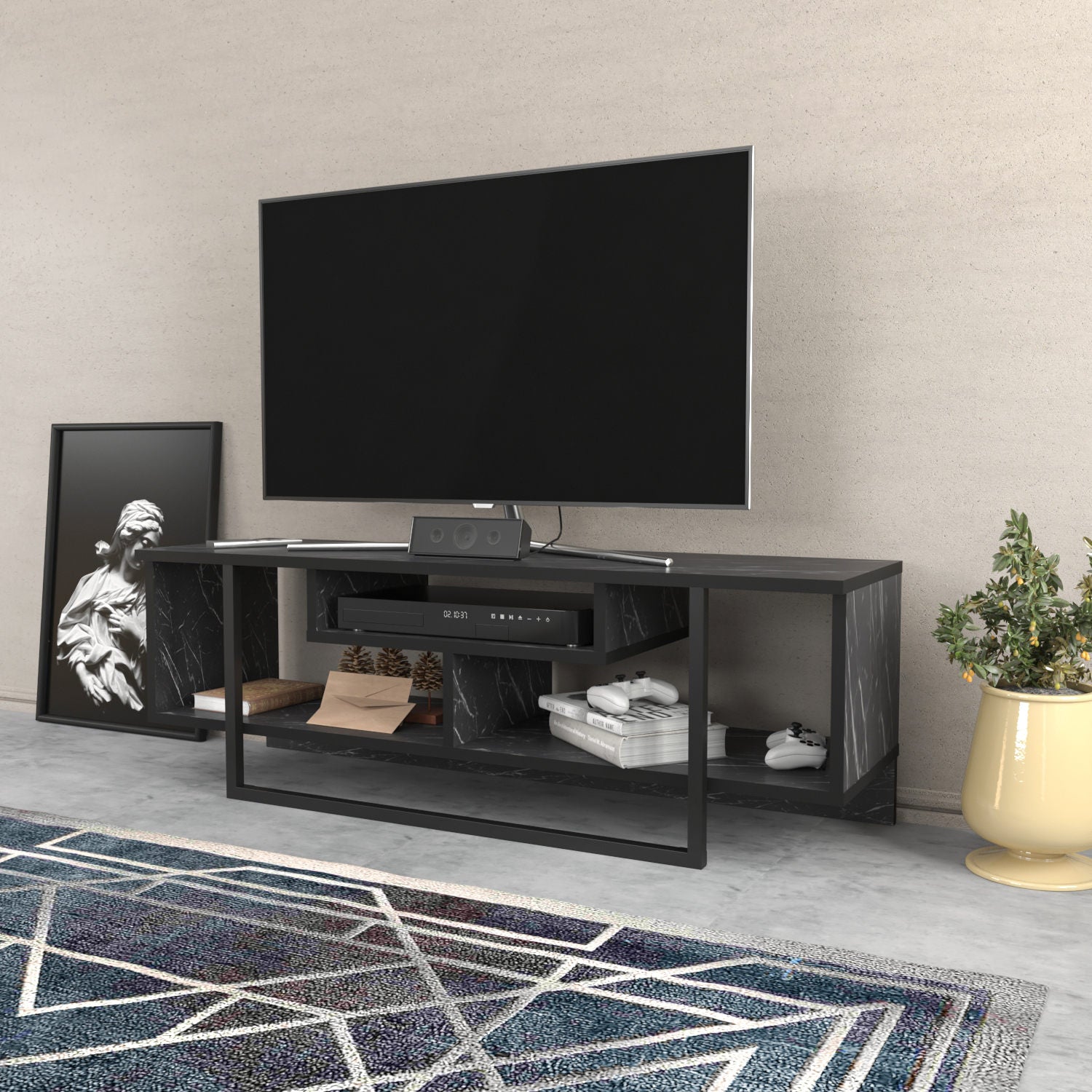 Meuble TV Nikolai 120cm Noir et Noir Effet marbre