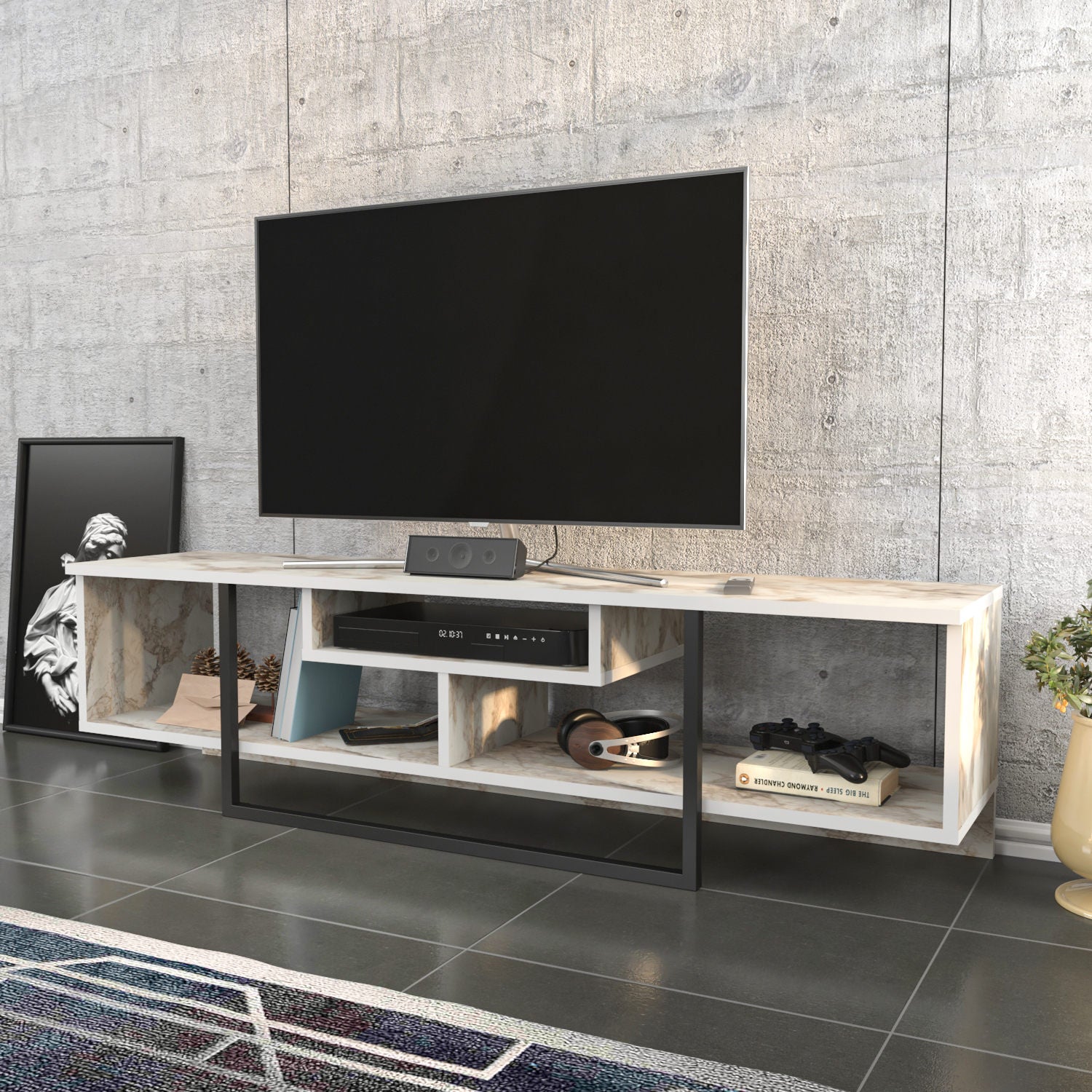 Meuble TV Nikolai 150cm Noir et Blanc Effet marbre