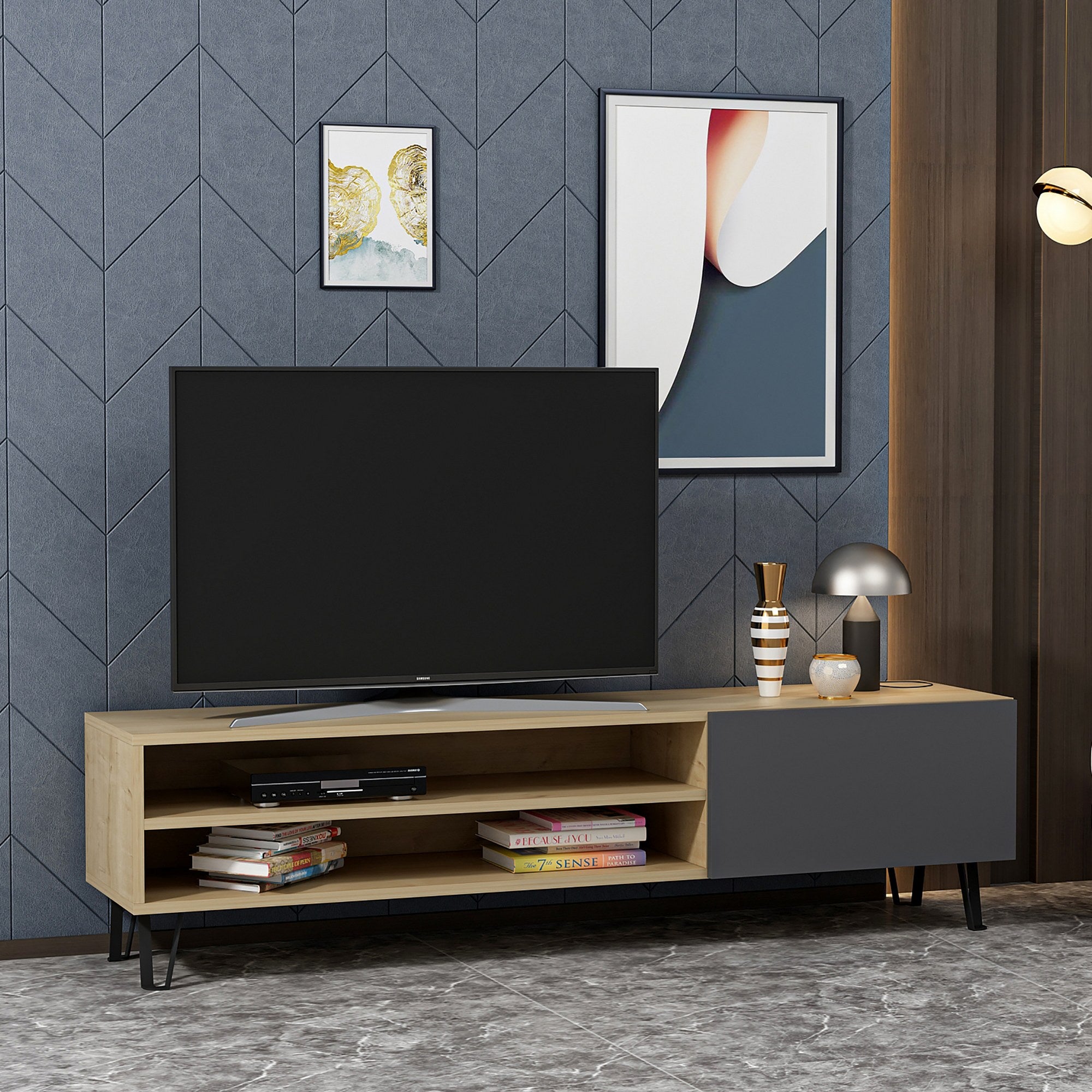 Meuble TV porte à gauche Daban L160cm Chêne clair et Anthracite