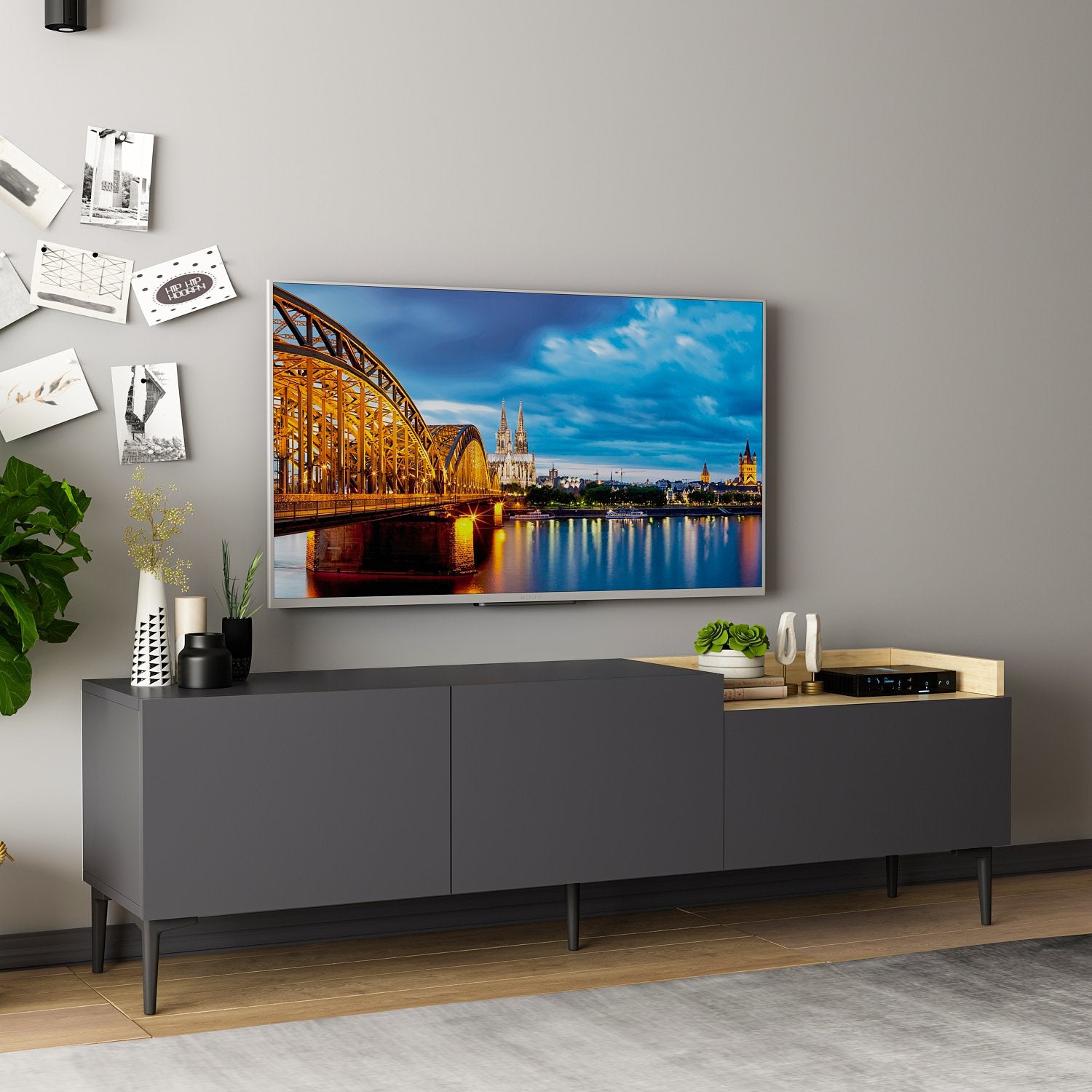 Meuble TV Sioux L160cm Bois clair et Anthracite