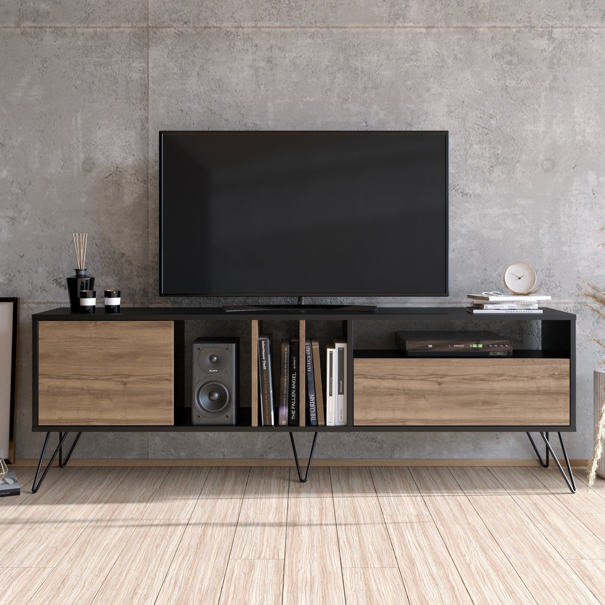 Meuble TV style industriel Farshad L180cm Bois foncé et Noir