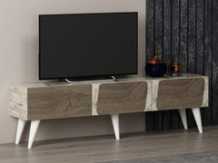 Meuble TV style scandinave Haldus 150cm Bois foncé et Effet marbre Blanc