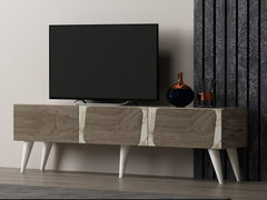 Meuble TV style scandinave Haldus 150cm Bois foncé et Effet marbre Blanc