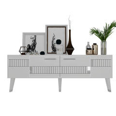 Meuble TV style scandinave Jasim 150cm Motif Géométrique Blanc et Argent