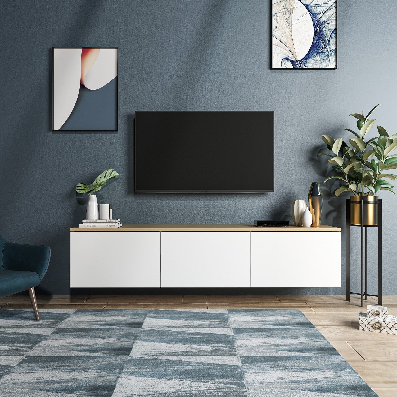 Meuble TV suspendue Ruxta L160cm Chêne clair et Blanc