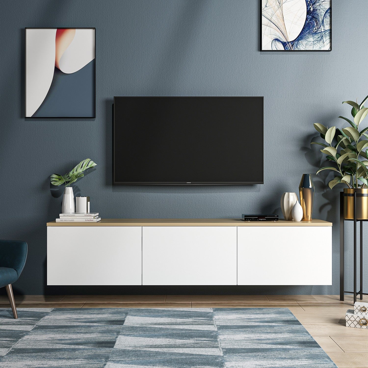 Meuble TV suspendue Ruxta L160cm Chêne clair et Blanc