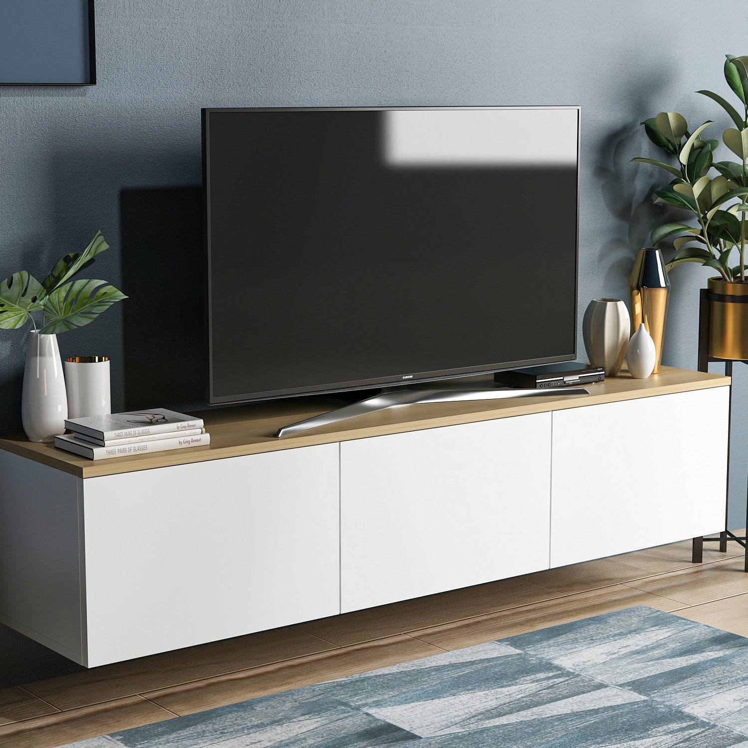 Meuble TV suspendue Ruxta L160cm Chêne clair et Blanc