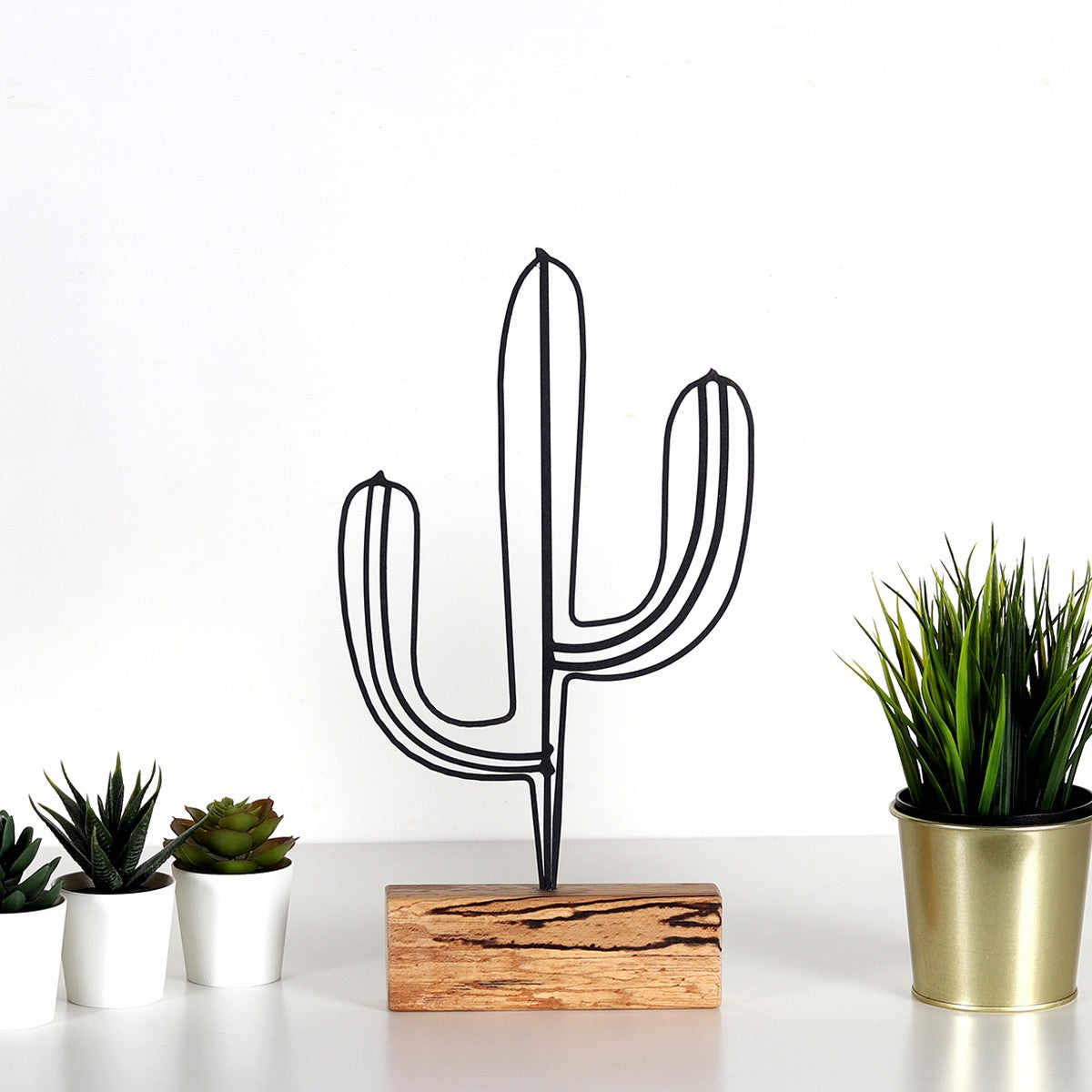 Objet décoratif à poser Approbatio cactus Saguaro H37 cm Métal Noir Socle Bois