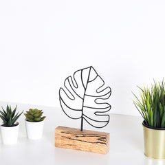 Objet décoratif à poser Zidas L17xH28cm Bois Naturel et Métal Feuille exotique Noir