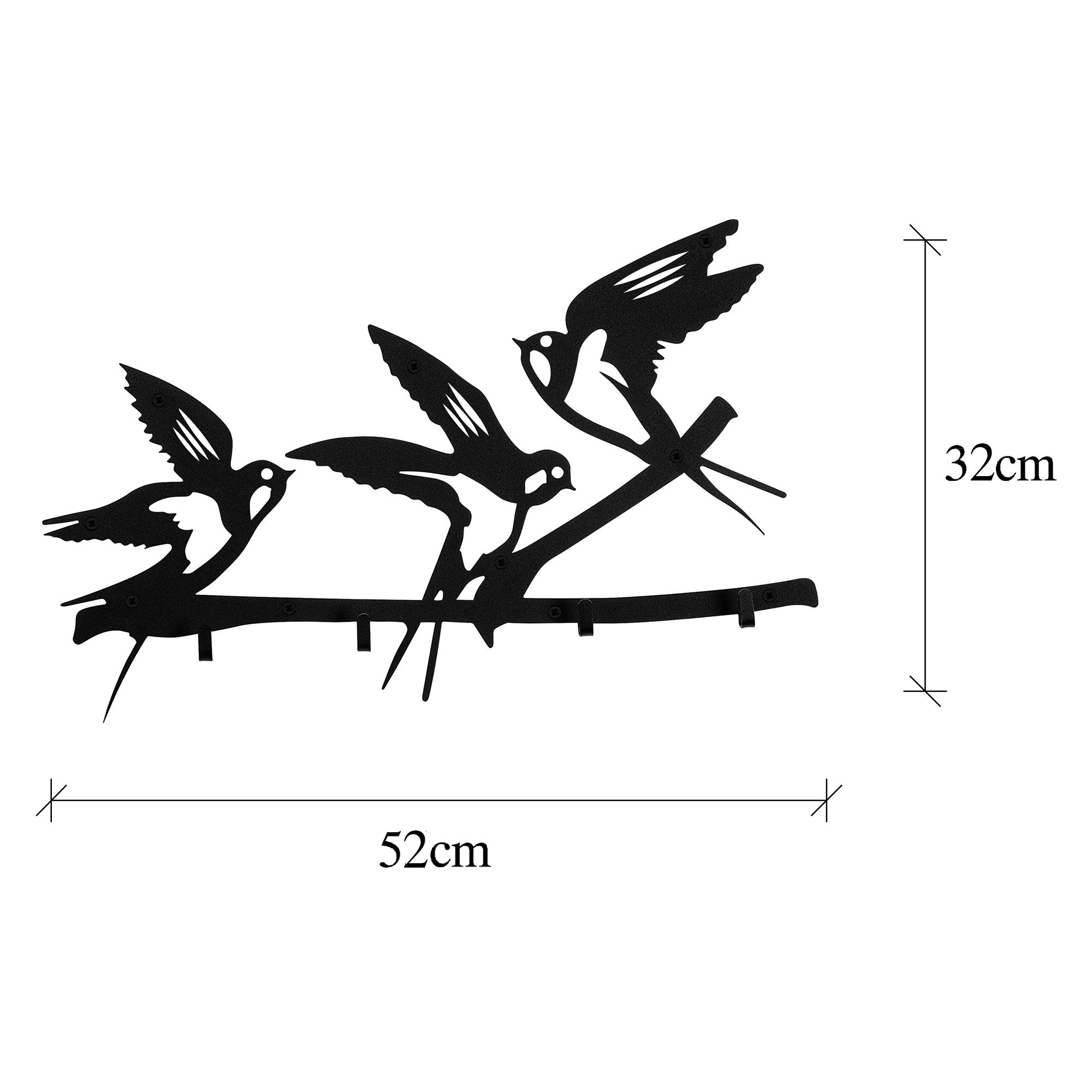 Patère murale 4 crochés Takumi 52x32cm 3 oiseaux Métal Noir