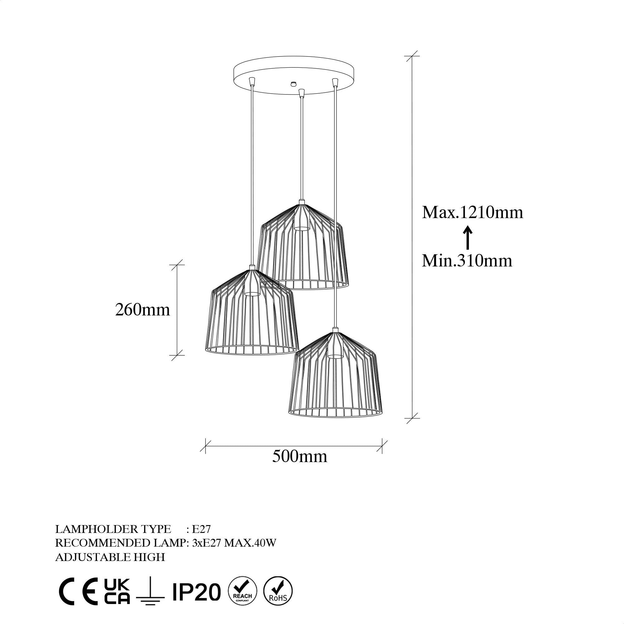 Plafonnier 3 lampes filaire escalier Pabis D50cm Métal Or