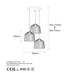 Plafonnier 3 lampes filaire escalier Pabis D50cm Métal Or