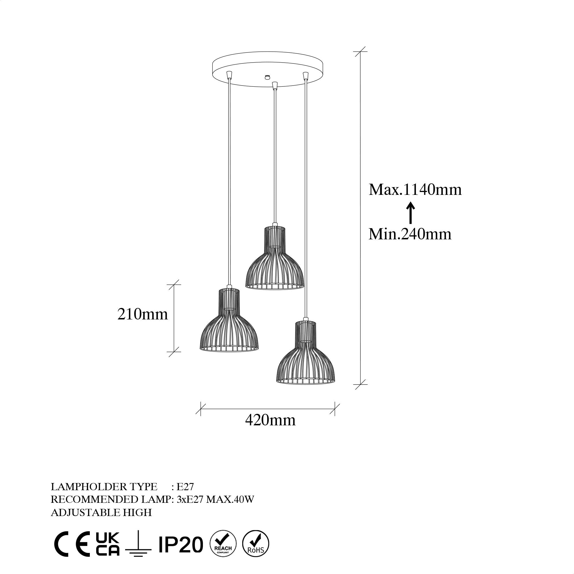 Plafonnier 3 lampes filaires escalier Mersin D42cm Métal Noir