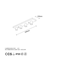 Plafonnier 4 lampes Vixige 60cm Métal Noir